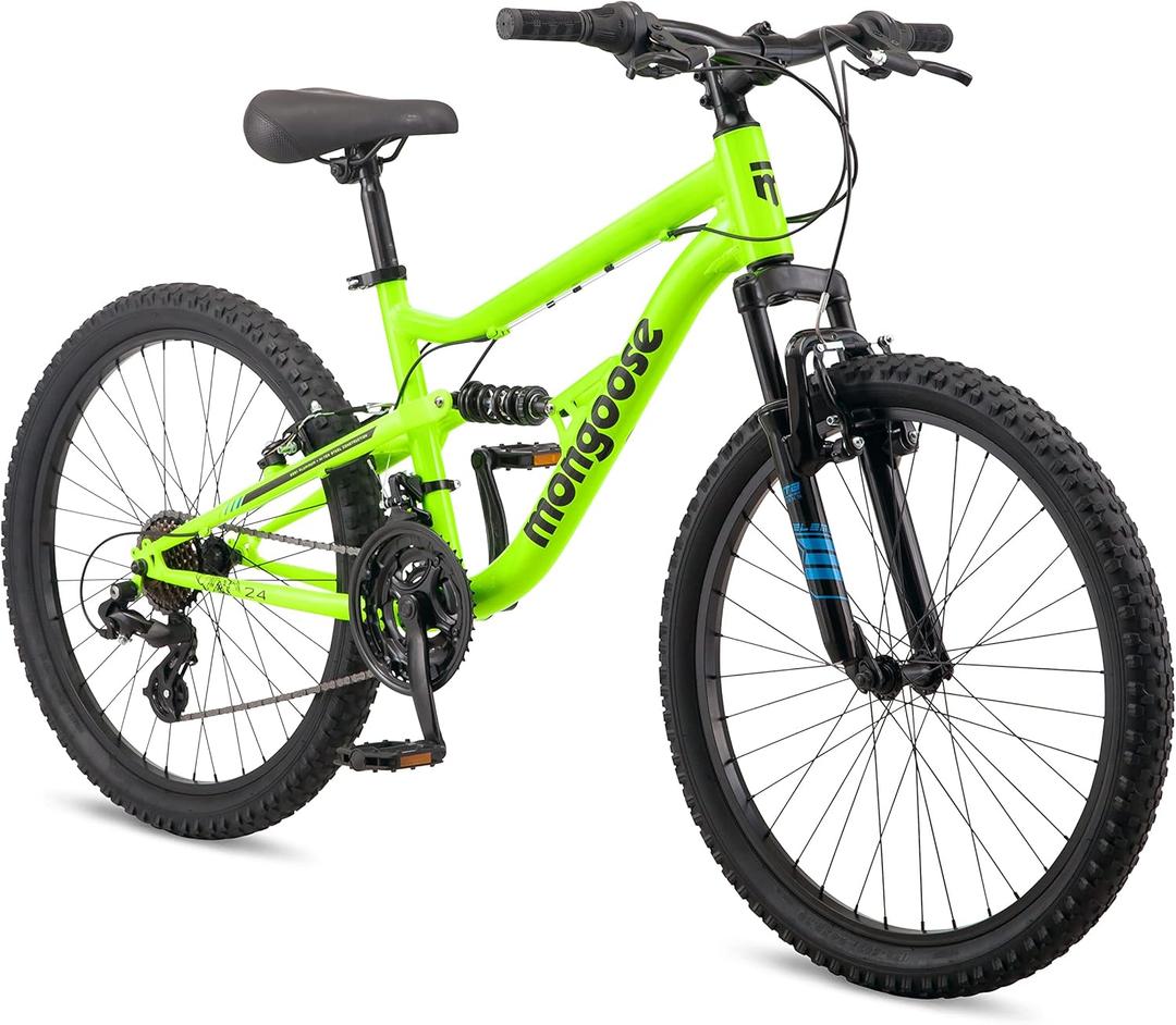 Mongoose Status Mountain Bike, 24 Inch Bike for Kids and Teens, 21 Speed, Aluminum Suspension Frame, Steel Rear Triangle, Suspension Fork, Knobby Mountain Tires, Linear Pull Brakes, For Boys and Girls (Yellow)
