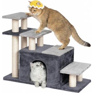 Aechonow 4-Tier Cat Stairs for High Bed with 22'' Cat Scratching Post, Pet Steps for Doggies Rabbit Ferret, Adjustable Cat Cave, Grey, Extra Large