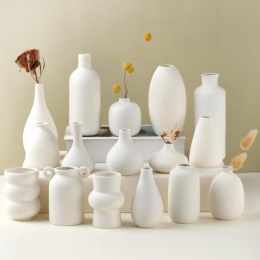 Parlamain Set of 16 White Ceramic Bud Vases, Minimalist Boho Small Pampas Grass Flower Vase for Farmhouse Home Decor, Wedding Centerpiece, Shelf and Table Decoration