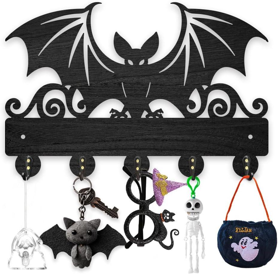 MAYJOYDIY Wood Bat Wall Key Hook Halloween Animal Theme Key Holder 11.8x7.9in Wall Art Decor Black Key Rack Organizer 5 Alloy Hooks for Gift, Hallway, Home Decor, Bag, Towel Hanging