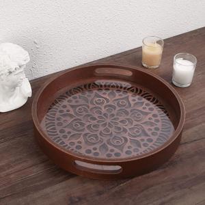 12" Decorative Tray, Round Wood Tray for Home Decor, Small Wooden Serving Tray with Handles for Coffee Table Decor Centerpiece Kitchen Counter,Rustic Circle Candle Perfume Tray Decor