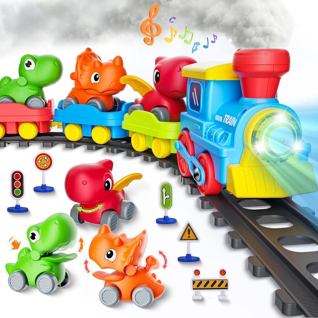Train Set for Toddlers w/Steam, Music & Lights - Electric Train Toys for Kids w/Tracks Accessories, Including 3 Dinosaur Car and 3 Trailer; Gifts for 1-3 4 5 6+ Years Old Boys Girls