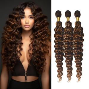 Hair Highlight Loose Deep Wave Bundles Double Weft Brazilian Hair Extensions Soft and Silky Ombre Two Tone Dark Brown and Brown Deep Curly Bundles