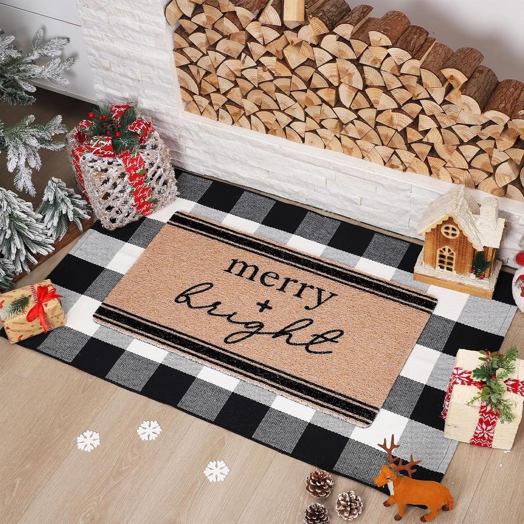 Nuanchu 2 Pcs Christmas Coir Doormats Outdoor Merry Bright Welcome Door Mats Layered Front Door Rugs Non Slip Black White Buffalo Floor Mats for Xmas Porch Entryway Indoor Outdoor Decor