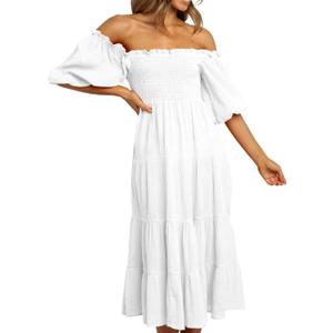 R.Vivimos Women's Summer Cotton Lantern Sleeves Ruffled Off Shoulder A-Line Midi Dresses (Medium, White)