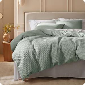 Bedsure Cotton Duvet Cover Queen Size - 100% Cotton Waffle Weave Sage Green Duvet Cover, PureWoven Textured Breathable Bedding Comforter Cover for All Season, 1 Duvet Cover Only 90"x90"