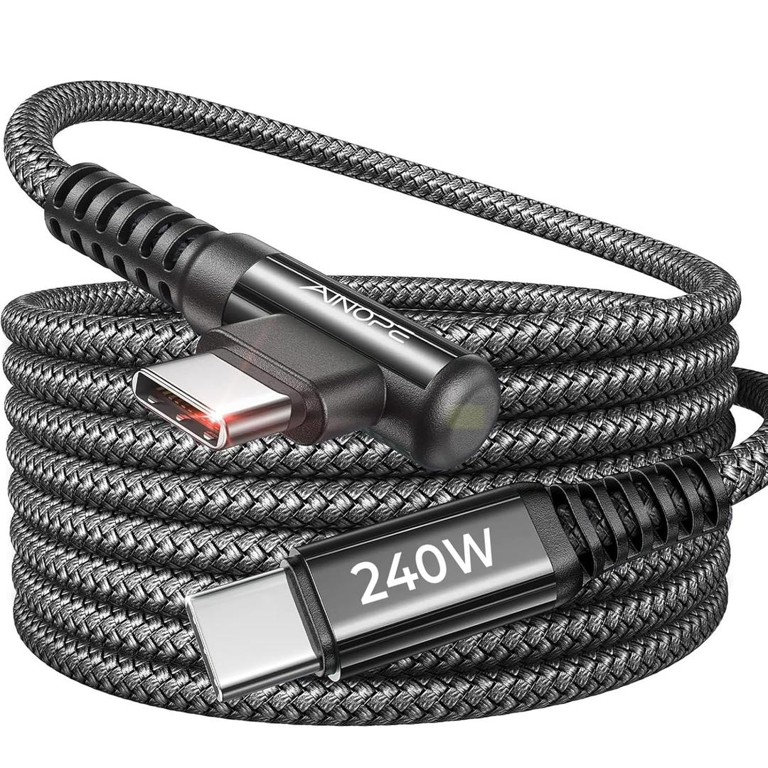 AINOPE 240W USB C to USB C Cable Fast Charging 15FT,Right Angle Fast Type C Charging Cable Fits iPhone 16 Pro Max Plus,iPhone 15,MacBook Air/Pro,iPad Pro,Samsung,Pixel,All Devices, Black, 1 Pack