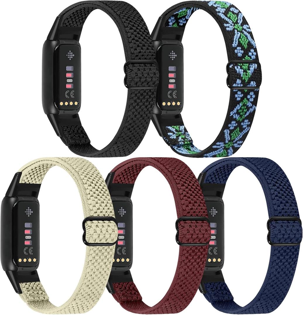 Elastic Nylon Bands Only Compatible with Fitbit Luxe Bands for Women Men, Breathable Adjustable Sport Loop Wristband Replacement Woven Soft Stretchy Straps for Fitbit Luxe - 5Pack (Black+Burgundy+Indigo+Bohemia Blue+Beige)