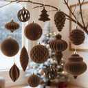 18Pcs Velvet Christmas Tree Ornaments Set, Brown Flocked Hanging Christmas Balls Ornaments, Shatterproof Decorative Hanging Balls Vintage Decorations Assortment for Xmas Tree Holiday Home Party Decor