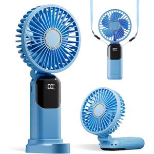 Portable Fan, 4200mAh Battery Operated Fan, 5 Speeds&Digital Display, Makeup Fans for Women with Base, 180Foldable 3in1 Handheld/Neck/Desk Fan for Outdoor Indoor,Ultra Quiet (sky blue)