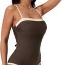 SUUKSESS Women One Piece Tummy Control Swimsuit Sexy Color Block Bathing Suit (Brown, M)
