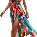 WDIRARA Women's Wrap Front Ruched Hem Sleeveless Spaghetti Straps Belted Colorblock Cami Dress (S)