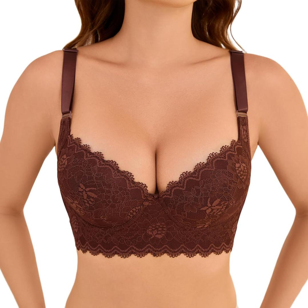 Push Up Lace Bra Soft Underwire T-Shirt Bras Add One Cup Back Fat Bra with High Support(34B-46DD) (Brown)