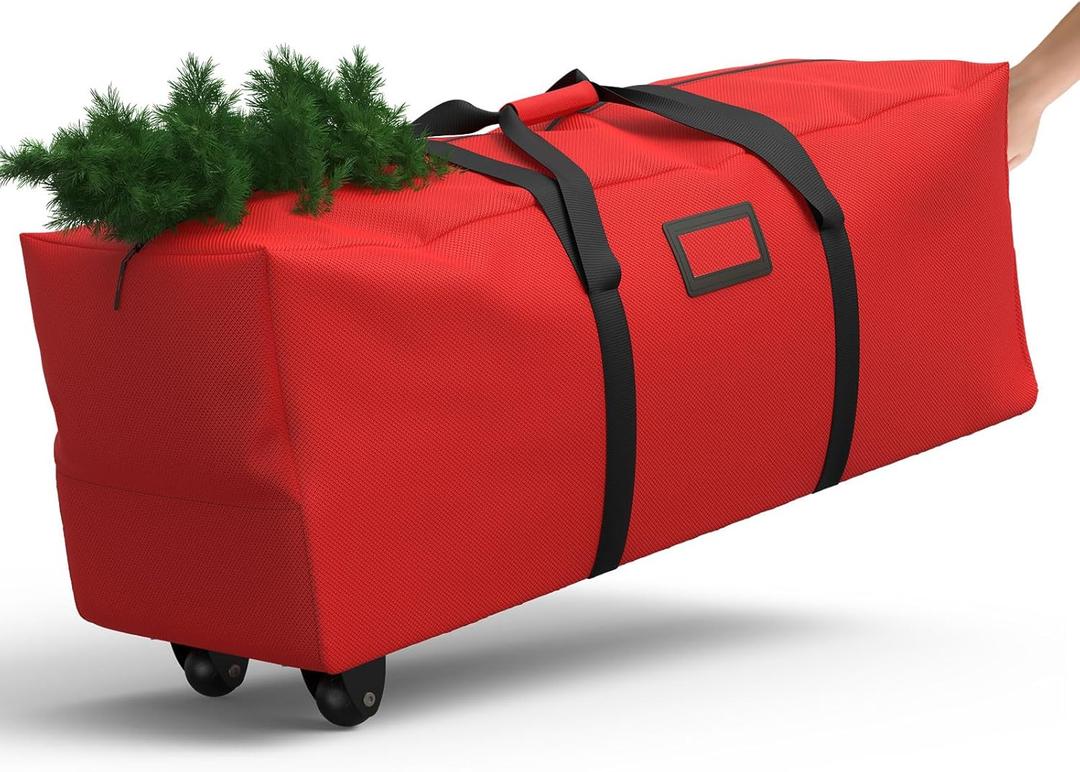 Rolling Christmas Tree Storage Bag 9 Ft Xmas Artificial Disassembled Trees, 600D Waterproof Oxford Fabric, Durable Wheels & Handles, Heavy Duty Storage Container (Red)