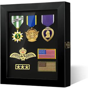 Pin Display Case 8 x 10 Solid Wood Lapel Pin Collection Display with 98% UV Protection HD Tempered Glass Door for Military Medal Badge Velcro Patch Board