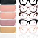 REAVEE 6 Pack Oversized Square Reading Glasses for Women, Blue Light Blocking Large Frame Computer Designer Fashion Readers Spring Hinge with Leather Case, 1.5
