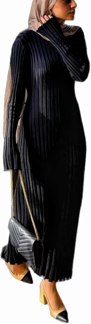 Women Bell Long Sleeve Knit Maxi Dress Crewneck Ribbed Bodycon Long Dress Slim Fit Y2K Sweater Dress Streetwear (Medium)