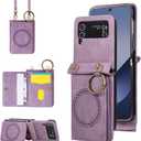 Compatible with Samsung Galaxy Z Flip 4 5G 2022 Wallet Case and Crossbody Shoulder Strap Ring Buckle Stand Card Holder Magnetic Car Mount Cell Phone Cover for ZFlip4 Z4 Flip4 ZFlip 4Z Women Men Purple