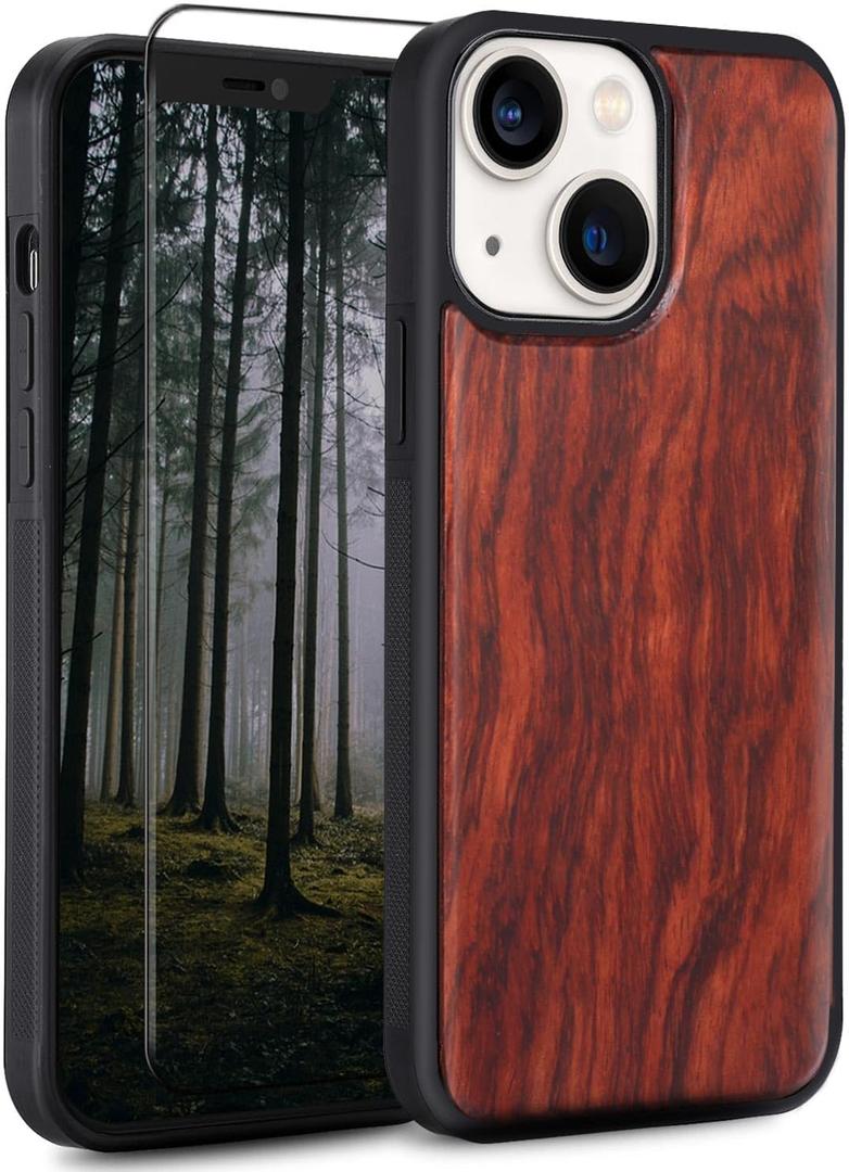 Wood Case for iPhone 13 - Real Natural Wood,- Slim Shockproof Hybrid Wooden Cover (Rosewood, iPhone 13)