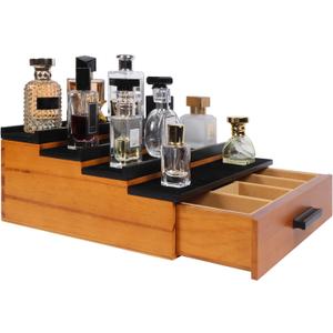 Cologne Organizer for Men4 Tier Wood Perfume Display Stand with Velvet Lining Drawer and Hidden Compartment Perfume Organizer for MenGreat Gift for Man (Walnut Black)