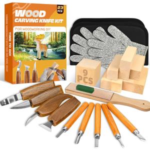 Wood Carving Kit, 23pcs Wood Carving Tools with 4 Wood Carving Knives 5 Detail Knives 9 Blocks, Whittling Kit DIY Hobbies for Adults