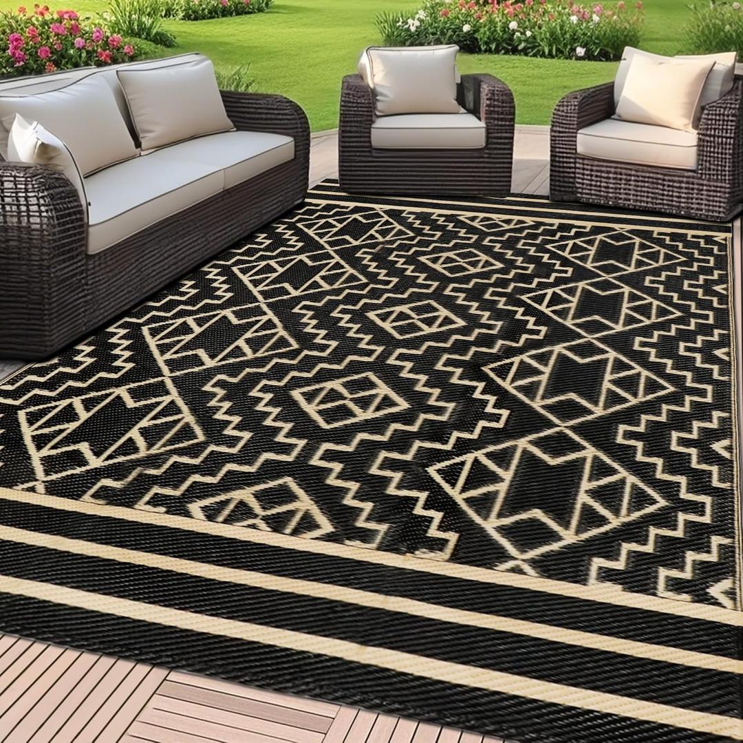 SAND MINE Reversible Mats, Plastic Straw Rug, Modern Area Rug, Large Floor Mat and Rug for Outdoors, RV, Patio, Backyard, Deck, Picnic, Beach, Trailer, Camping (5' x 8', Black & Beige) (5' x 8' (Rectangular), Bohemian Black & Beige)