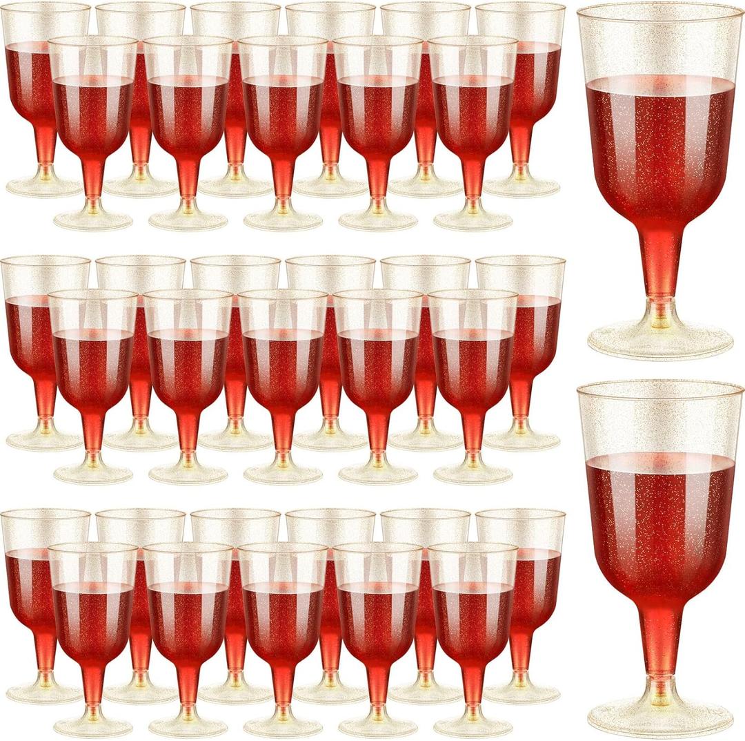 Meanplan 100 Pcs Plastic Wine Glasses with Stem 6oz Plastic Wine Cups for Parties Disposable Stackable, Wedding Picnics(Glitter Style,Gold)