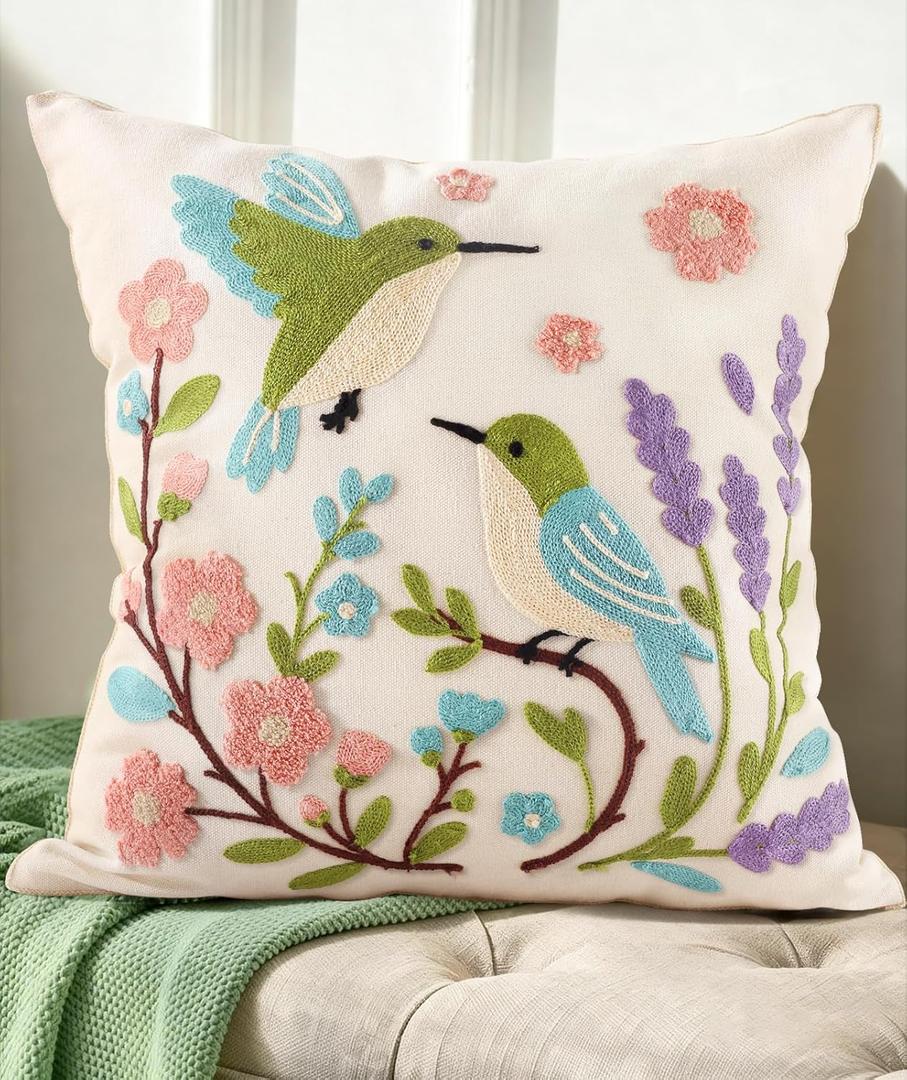 Spring Pillow Cover 18x18 Inch Embroidered Summer Throw Pillow Cover Flowers Birds Farmhouse Decorative Cushion Case with Hidden Zipper Decoration for Couch, Sofa, Living Room(1 Pack)