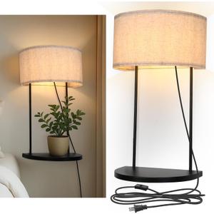 Plug-in Wall Sconce with Shelf, Modern Wall Lamp with Linen Shade, Ideal for Bedroom, Bedside & Living Room, Perfect for Plants, Books, and Electronics, E26 Base (Bulb Not Included)