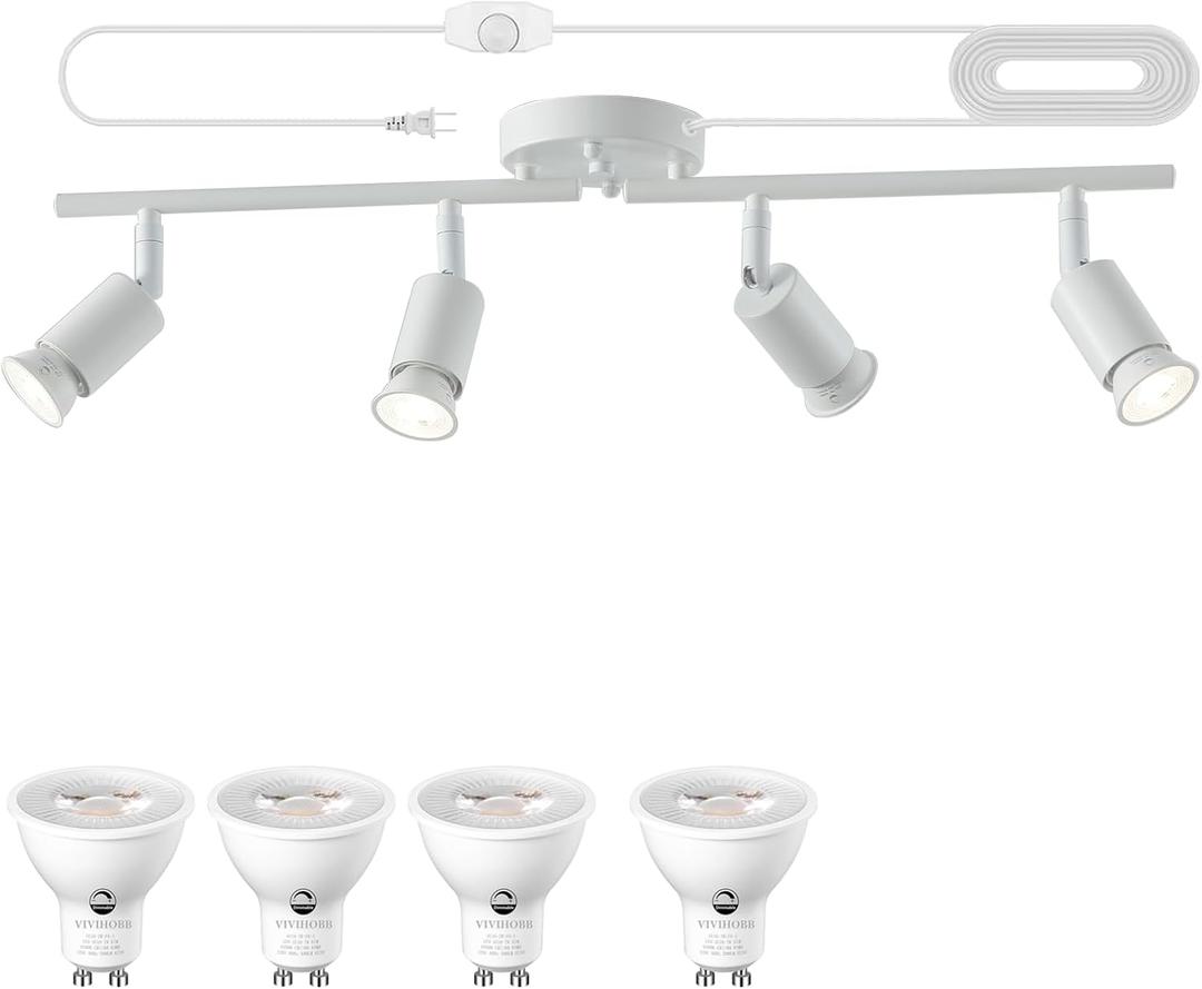 Dimmable Plug in Track Light White 4 Light Plug in Ceiling Lighting Fixture with 16.4' Long Cord,4 Way Ceiling Spotlight,Rotatable Wall Mount Light Head,LED dimmable Spot Bulbs Included
