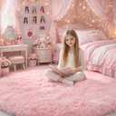 Pink Fluffy Round Rug 5Ft for Girls Bedroom Decor Aesthetic, Shaggy Circle Area Rugs for Kids Room Living Room, Cute Fuzzy Carpet for Nursery, Dorm, Classroom, Teen, Princess, Comfy Baby Playroom Rug