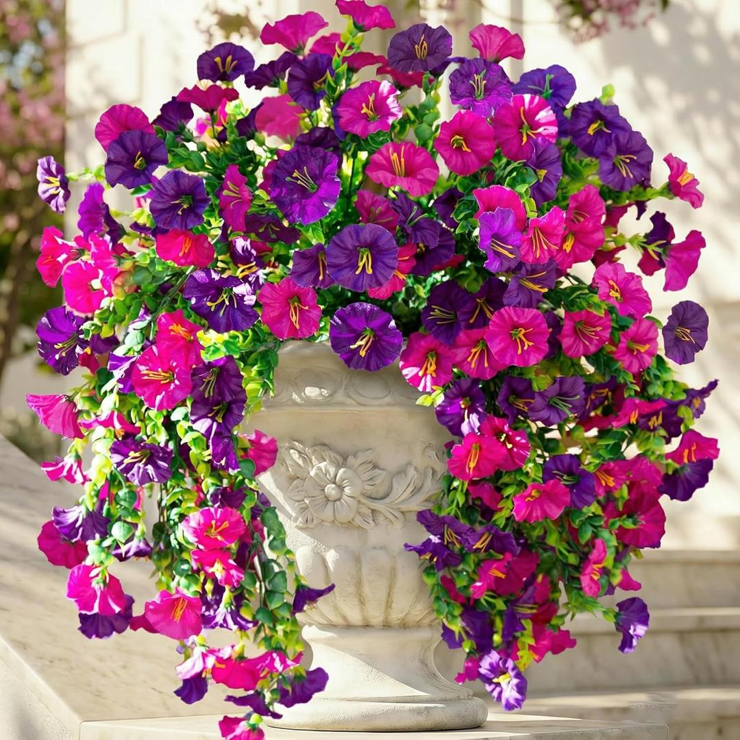 Artificial Hanging Flowers Fake Plants Outdoor,Silk Morning Glory Faux Flowers with Eucalyptus Leaf,UV Resistant Realistic Hanging Petunias Plants for Home Garden Decor (Purple+Fuchsia)
