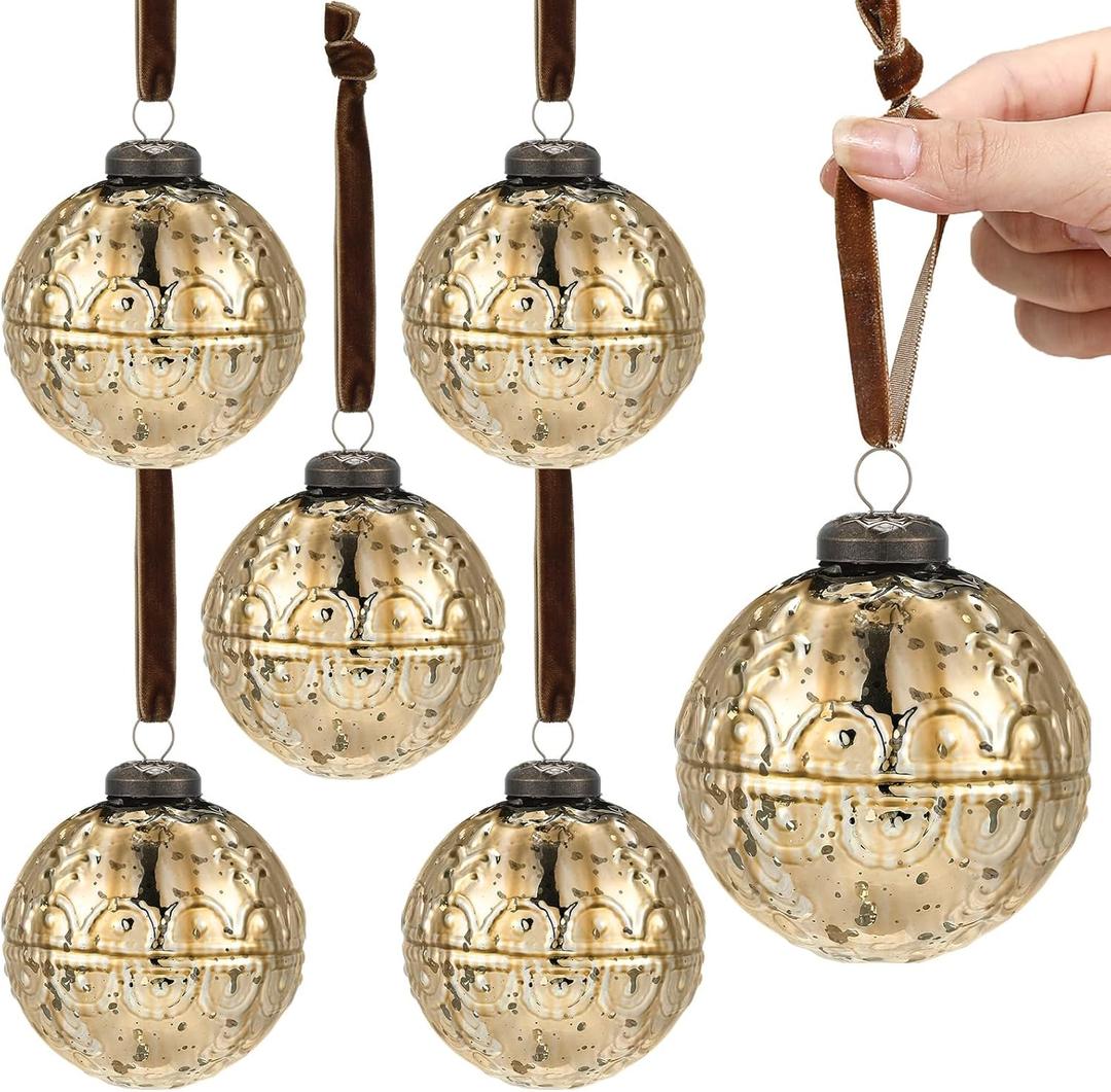 Threan 6 Pcs Large Vintage Mercury Glass Christmas Ornaments 3.15" Hanging Christmas Ball Ornaments Antique Embossed Ball Decorations for Xmas Tree Garland Wreath Holiday Decor(Gold,Etched)