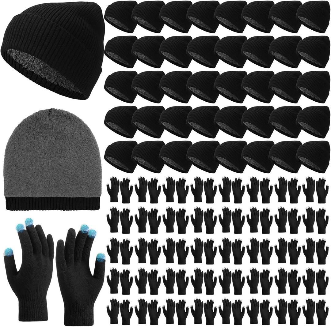80 Pcs Winter Ski Beanies Gloves Bulk Unisex Touchscreen Knit Gloves Thick Fleece Hats Combo Pack for Homeless Men Women
