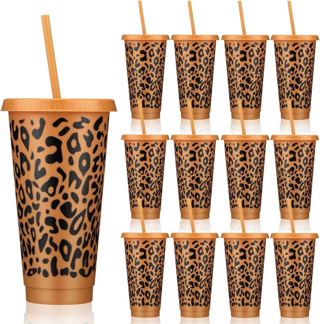 12 Pcs Cheetah Party Plastic Cups with Lid Straw 24 oz Plastic Drink Cups Reusable Bulk Leopard Tumblers for Cheetah Theme Party Favors Birthday Gifts Animal Print Decorations
