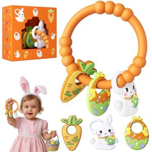 Easter Baby Teething Ring Toys for Baby, Silicone Teether with Textured Carrot, Bunny and Egg, BPA-Free, Safe and Soft for Chewing, Teething Toys for Easter Basket Stuffers&Easter Gifts, 0-12 Month