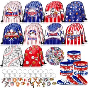 Grneric 110 Pcs Baseball Party Favors, Drawstring Bags Baseball Goodie Bags with Keychains Silicone Bracelets Stickers Gift Bags for Baseball Themed Birthday Party Favors Supplies