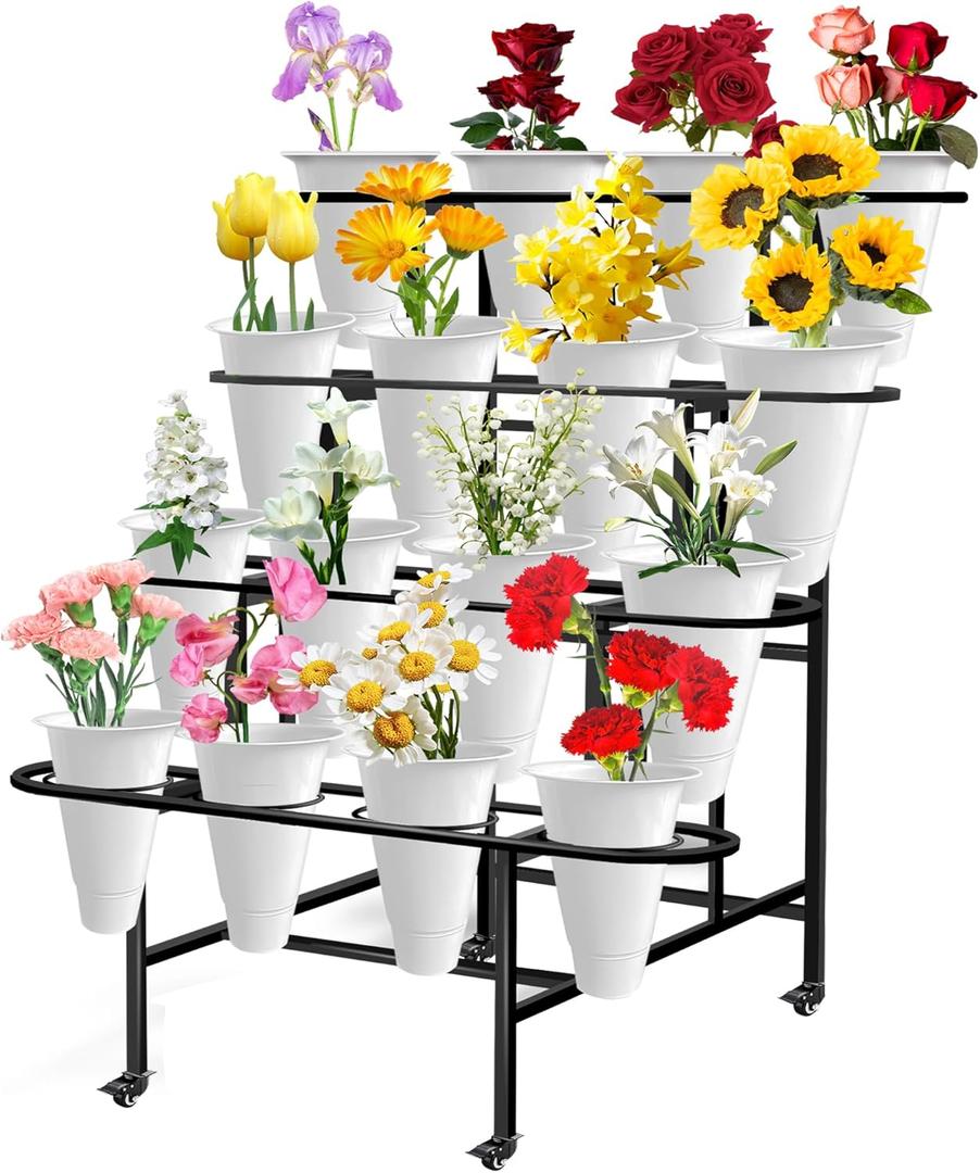 Flower Display Stand with 16PCS Buckets, 4 Layers Flower Cart Display Stand with Wheels Heavy Duty Metal Flower Bar Stand for Florist Shop, Patio Garden and Living Room - Black