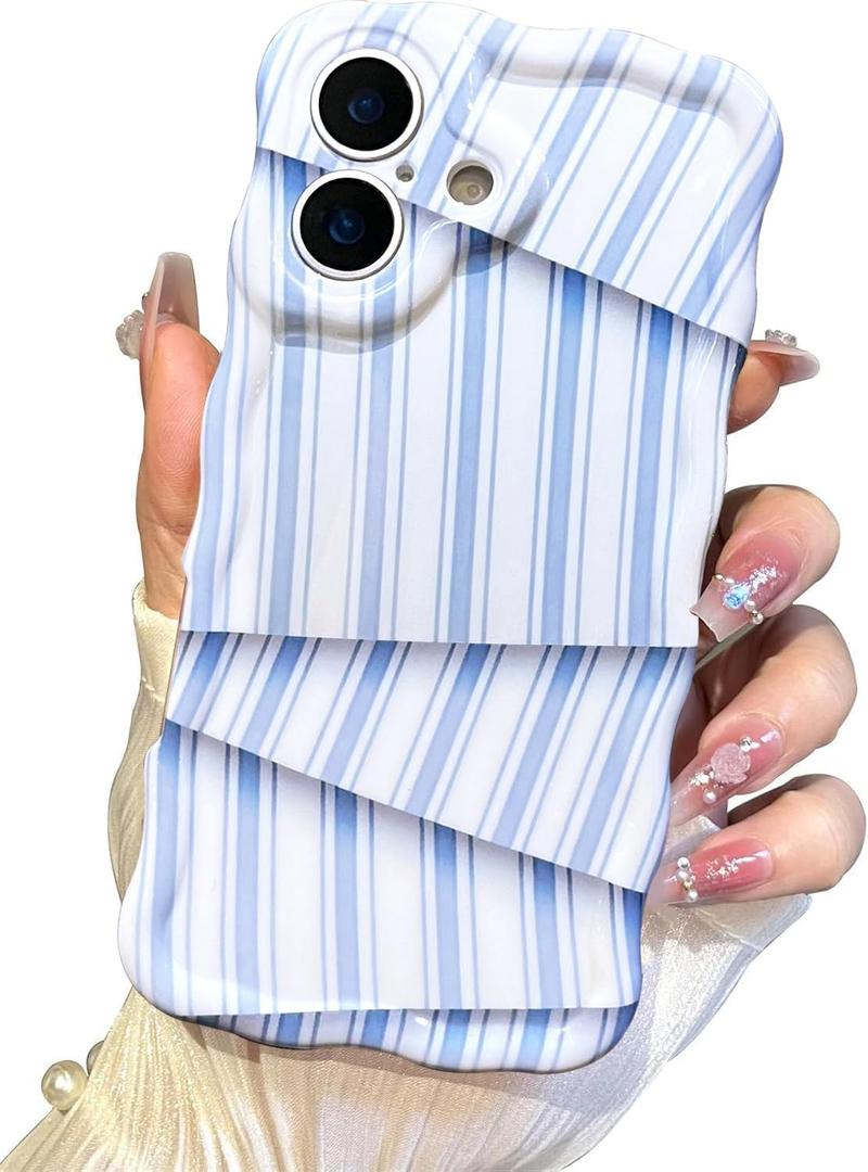 I-MGAE-IN-AR Cute for iPhone 17 Case Striped Phone Case [Curly Wave Edge] [Full Camera Protection] [14 FT Drop Protection] Soft TPU Slim Shockproof Phone Cover for Women Girls, Blue