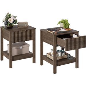 Fluted Nightstand Set of 2 with Drawer and Open Shelf,Walnut | Modern Wood Side End Table with Golden Handle,Bedside Table Set of 2 with Storage,Large End Tables for Livingroom Bedroom