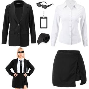 Funnysoft Halloween Agent Alien Costume for Woman Black Blazer Jackets Shirts Skirt Tie ID Badge for Halloween Cosplay(S)