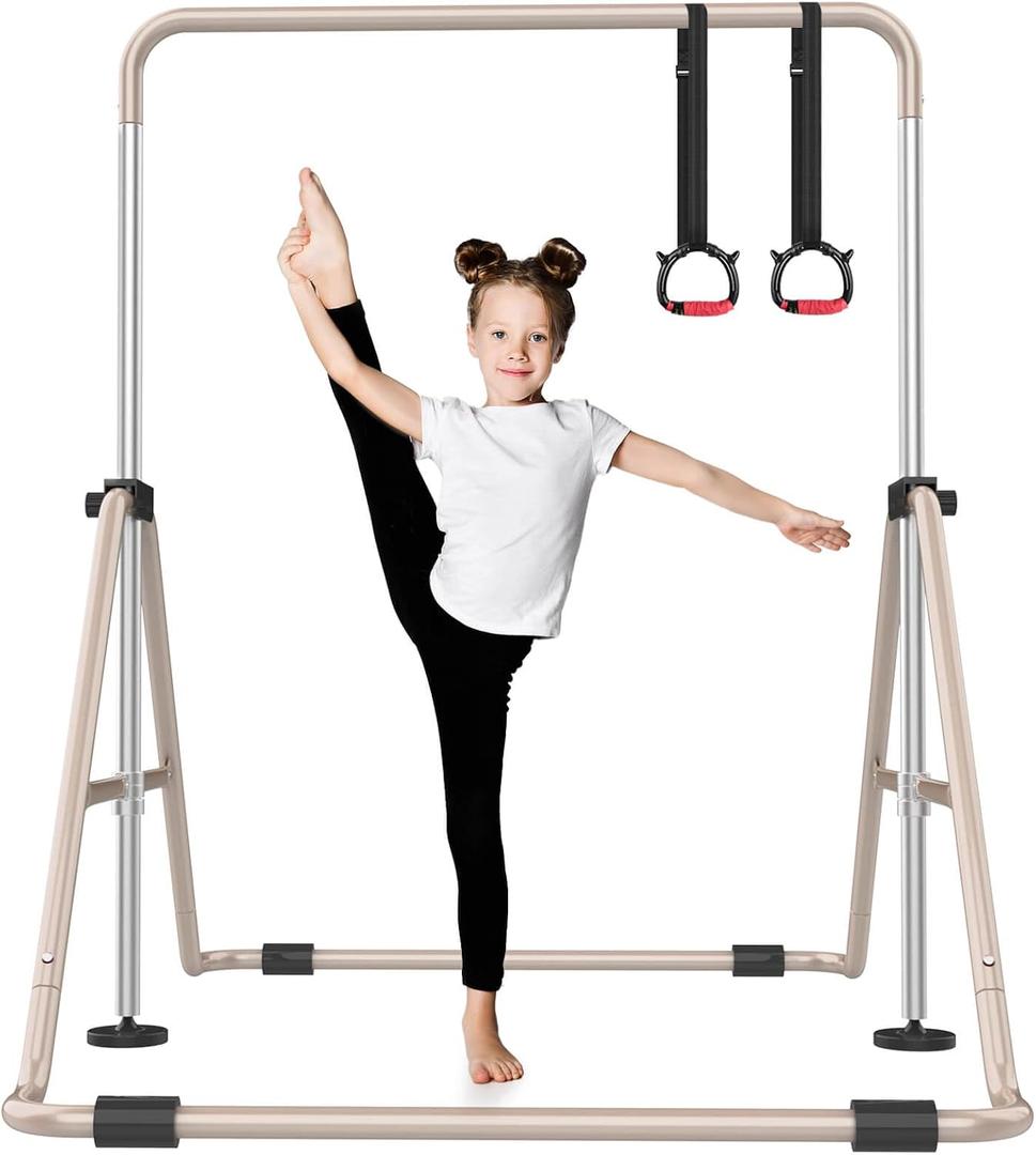 Foldable Gymnastics Bar, 5-Height Adjustable Gymnastic Bars for Kids at Home,Robust & Stable for Indoor/Outdoor Using,Weight Limit 140LBS
