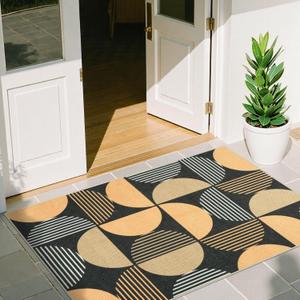 LEEVAN Modern Geometric Easy Jute Entryway Rug, 3x5 Rainbow Outdoor Patio Rug, Brown Washable Rugs for Living Room Non Slip, Abstract Front Door Mat Neutral Kitchen Carpet Mat for Porch Backyard