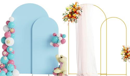 Putros Metal Arch Stand with Cover Set of 2 Dusty Blue Spandex Fitted Wedding Arch Cover and Round Top Chiara Backdrop Stand for Birthday Party Baby Shower Decoration 7.2FT, 6FT