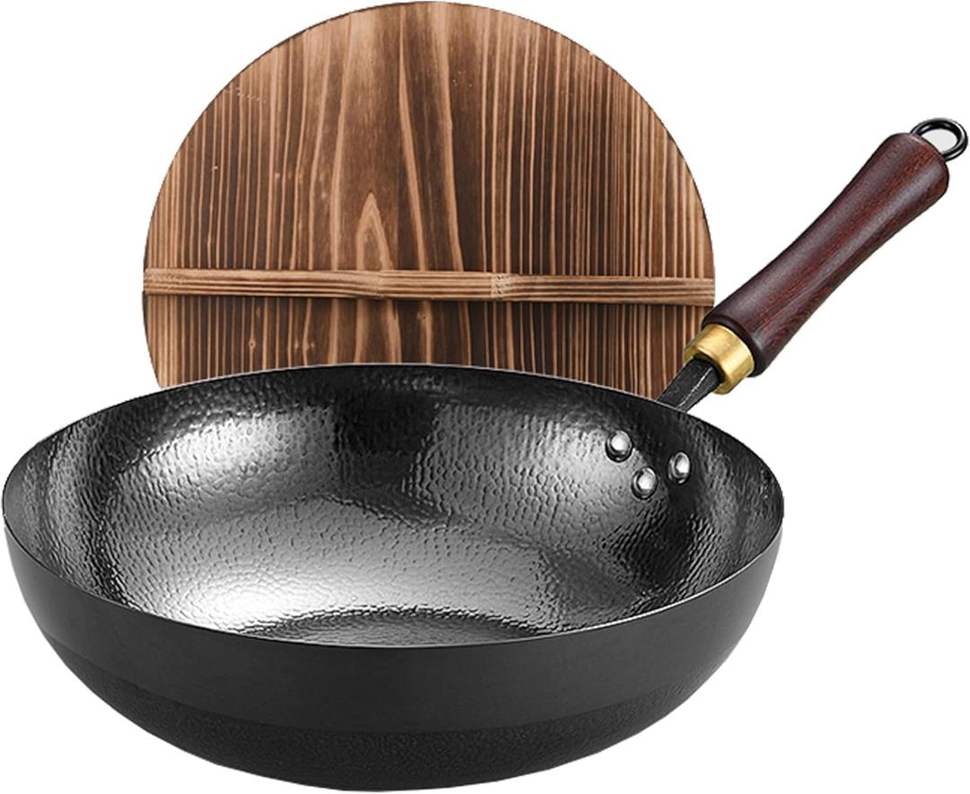 Carbon Steel Pan, 13.5 Woks & Stir-Fry Pans with Wooden Lid Cookwares, Nonstick Wok, No Chemical Coated Flat Bottom Hand Hammered Chinese Wok For Gas