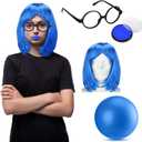 Halloween Cosplay Costume Include Blue Bob Wig Black Glasses Blue Face Paint and Ball Short Bob Wig for Women Royal Hair with Bangs Cosplay for Halloween Costume