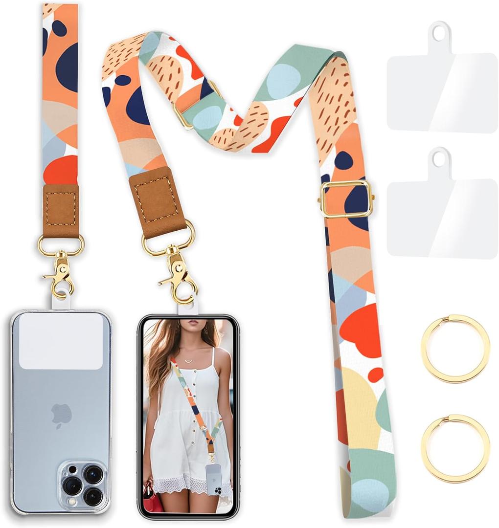Phone Lanyard Crossbody Wrist Strap, Abstract Art Boho Adjustable Cell Phone Lanyard Wristlet Strap with 2 Tether Tabs for Women Case ID Badges Accessories