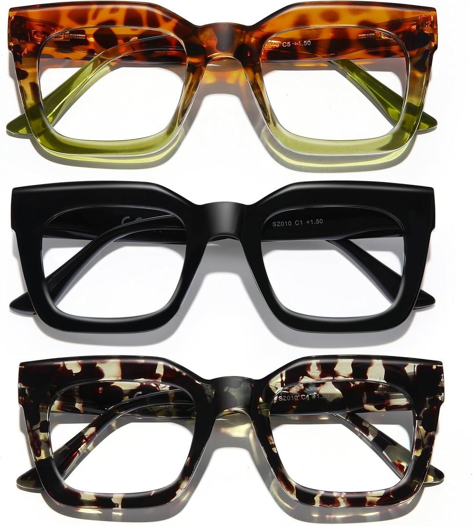 AQWANO Oversized Square Blue Light Reading Glasses Women Men, Computer Fashion Large Frame Readers Eyeglasses (2.75 x, 3 Pack(black/ Black/Brown Flowers))
