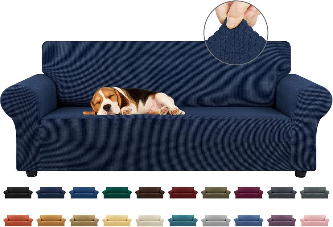 KEKUOU Stretch Sofa Cover Slipcover ， Couch Covers for 3 Cushion Couch Sofa, Pet-Friendly (78"-94"), Furniture Protector Sofa with Elastic Bottom for Kids, Dog, Jacquard Small Checked(Large, Navy Blue)