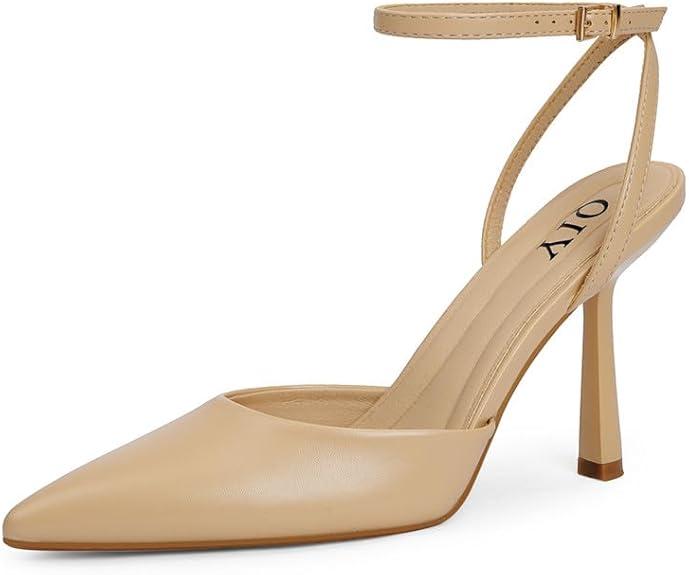 QIY Closed Toe Ankle Strap Heels Women Pumps Pointed Toe Heeled Sandals for Women Stiletto Wedding Dress Shoes  (Nude), 7.5